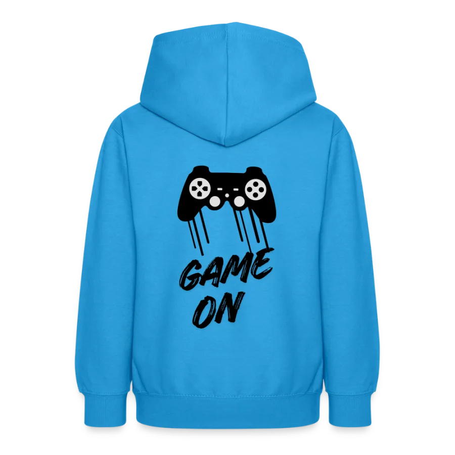 Hellblauer Teenager-Hoodie mit „Game on“-Druck auf dem Rücken