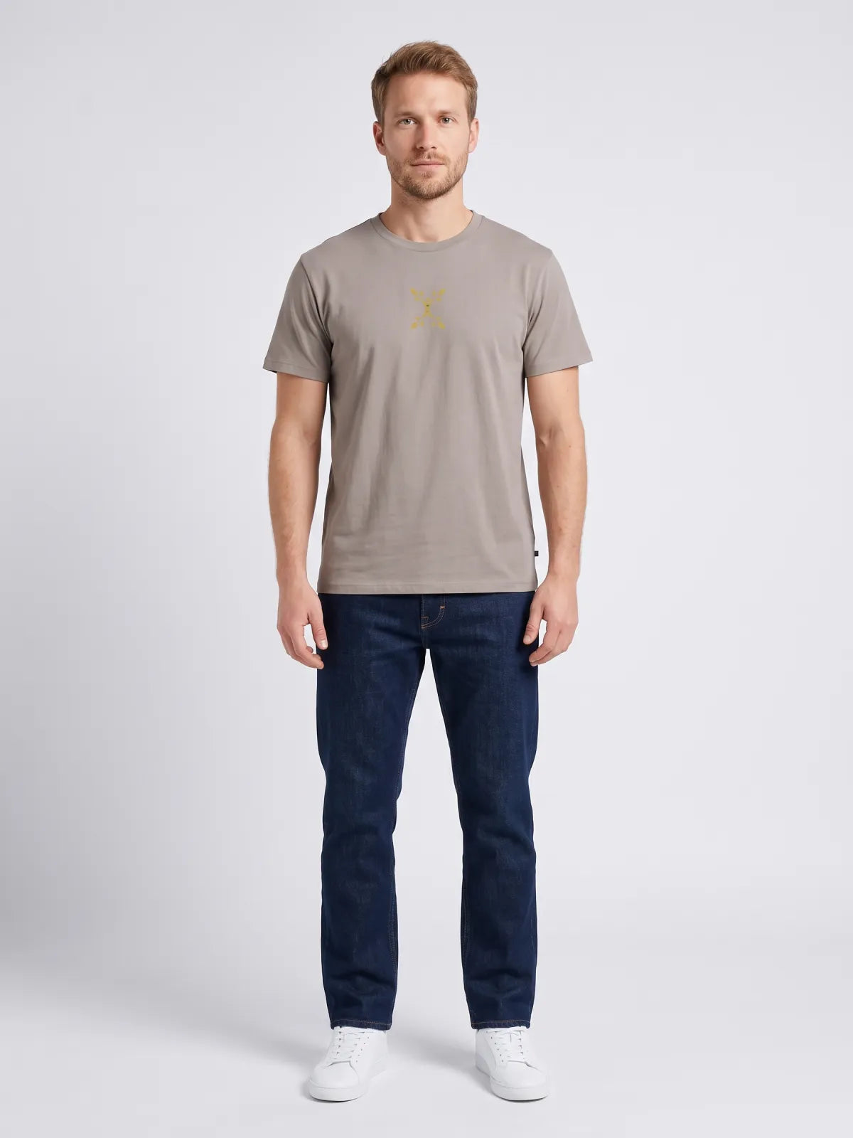 Model im Männer Premium T-Shirt in Grau, Vorderansicht
