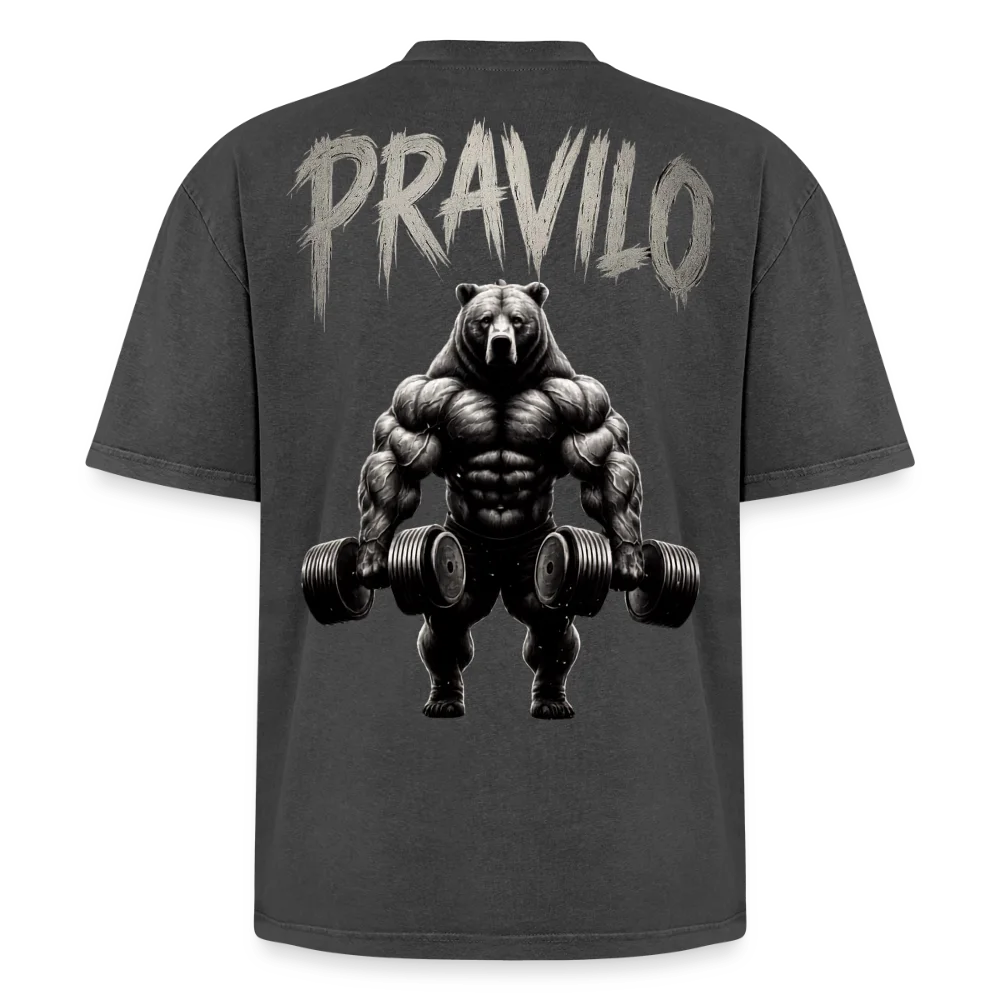 Oversized Unisex Premium Acid-Washed T-Shirt in Schwarz Acid Wash, Rückseite mit Druck