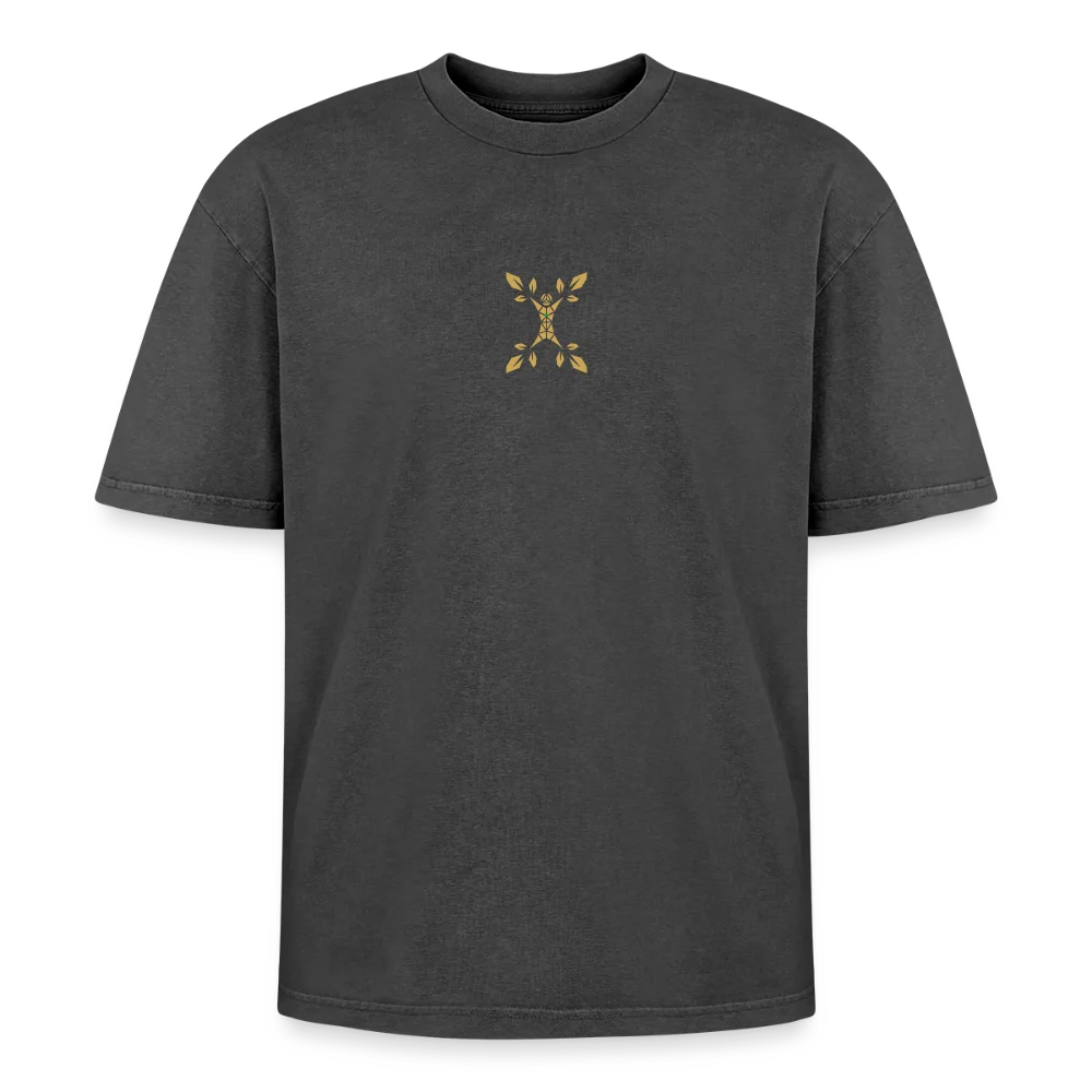 Oversized Unisex Premium Acid-Washed T-Shirt in Schwarz Acid Wash, Vorderseite mit goldenem Emblem