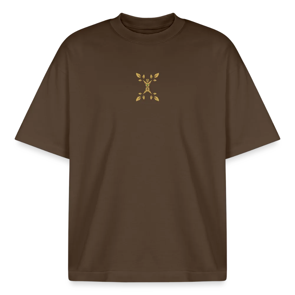 Boxy Heavyweight Unisex Organic T-Shirt in Dunkelbraun, Vorderseite mit goldenem Emblem