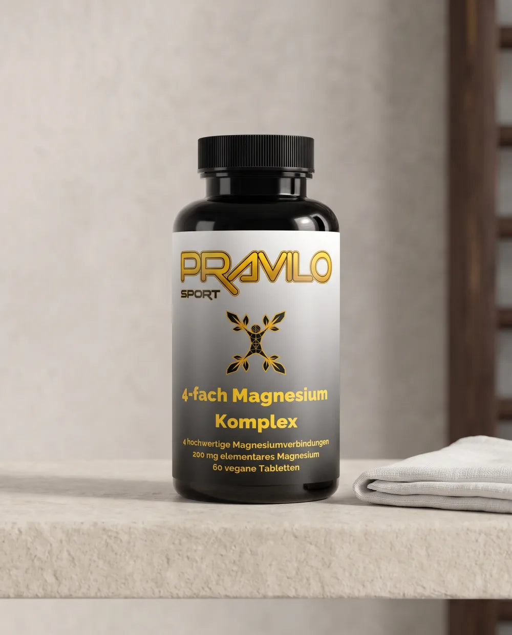 Pravilo-Dose 4-fach Magnesium Komplex auf heller Kalksteinbank neben einem gefalteten Leinenhandtuch